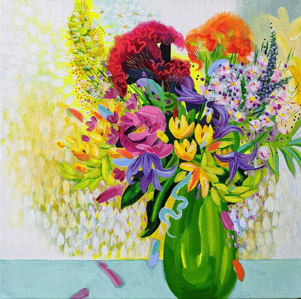 Floribunda Abstract painting of spring flowers by artist Sara Button